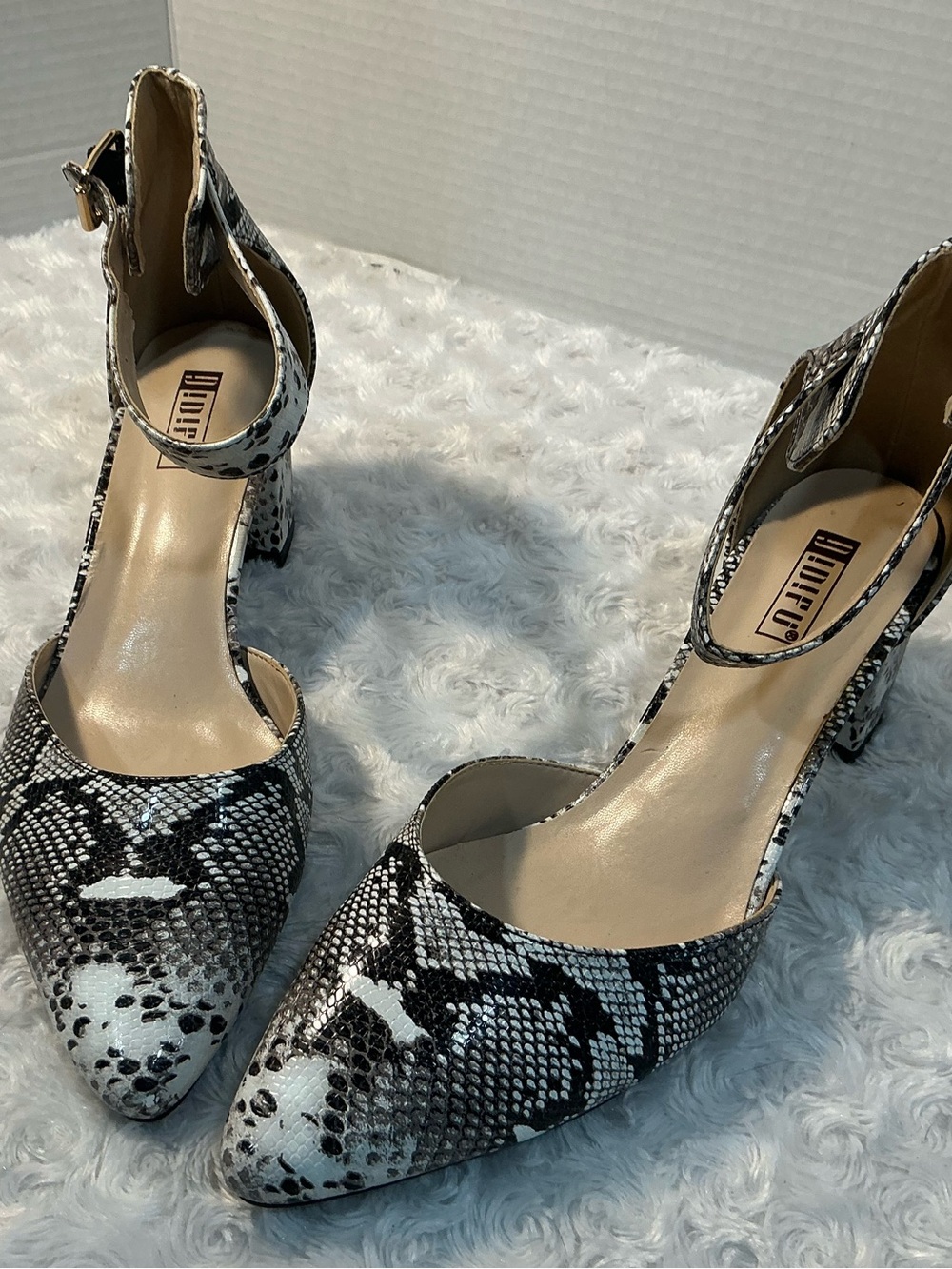 IDIFU dark brown & White Snake-Print Pointed Ankle-Strap Block Heels